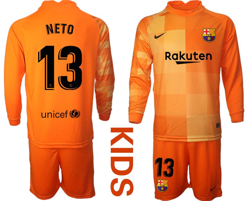 Youth 2021-2022 Club Barcelona orange red goalkeeper long sleeve #13 Soccer Jersey->youth soccer jersey->Youth Jersey
